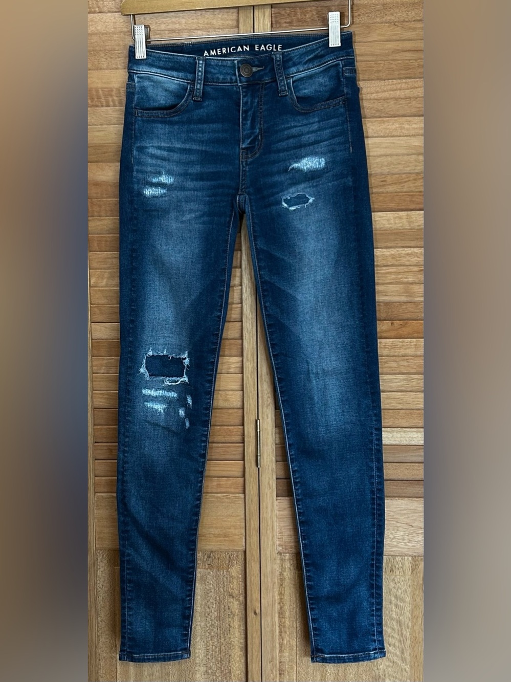 AE American Eagle Size 00 Regular Super Skinny Ripped jegging blue jeans stretch
